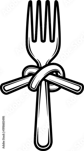 Illustration of a Black and White Fork Tied in a Knot Graphic Style
