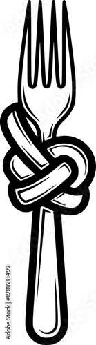 Illustration of a Black and White Fork Tied in a Knot Graphic Style

