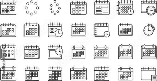 Calendar and Schedule Icon Set Featuring Monthly Planner, Reminder, Deadline, Event Date, Time Management and Appointment Line Vector Collection