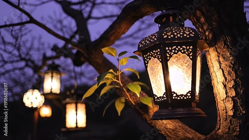 Decorative Outdoor Lanterns Hanging from Tree Branches at Twilight