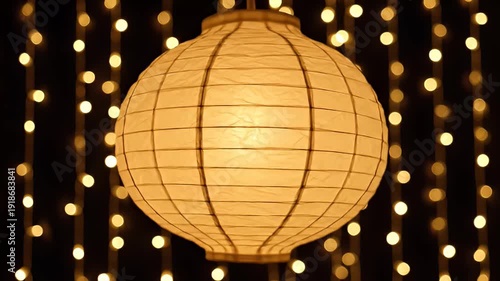 Decorative Paper Lantern Hanging with Bokeh Lights, Festive Celebration Ambiance