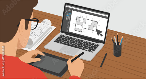 Architectural design and drafting on a laptop with blueprints and drawing tablet for residential planning and construction