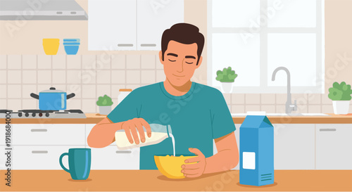 Young man in a bright, modern kitchen pouring fresh milk into a bowl of healthy cereal, enjoying a nutritious and refreshing morning breakfast at home