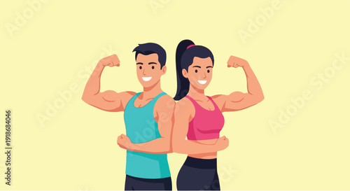 Two energetic individuals, a man and a woman, standing back to back and flexing their strong biceps, representing power, exercise, and a healthy lifestyle
