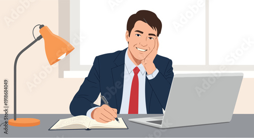 A confident businessman in a suit working at his desk with a laptop and notepad, illuminated by a desk lamp, conveying productivity and success in a modern office environment