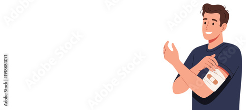 Cheerful individual illustrates personal first aid with an adhesive bandage on his arm, promoting health maintenance and quick recovery from minor injuries or vaccinations
