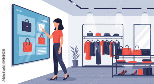 Woman interacting with a large digital display in a modern retail store, browsing fashion items
