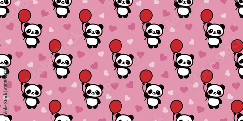 風船を持つかわいいパンダとハートのシームレスパターン｜動物背景イラスト　Seamless Pattern of Cute Panda Holding a Balloon with Hearts
