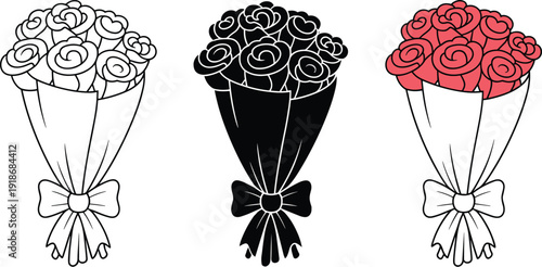 Rose bouquet illustration set, red and black floral arrangement isolated on white background for wedding and Valentine design