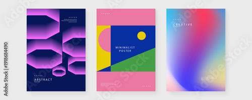 Diverse collection of posters including 3D structural elements and soft colorful mesh gradients