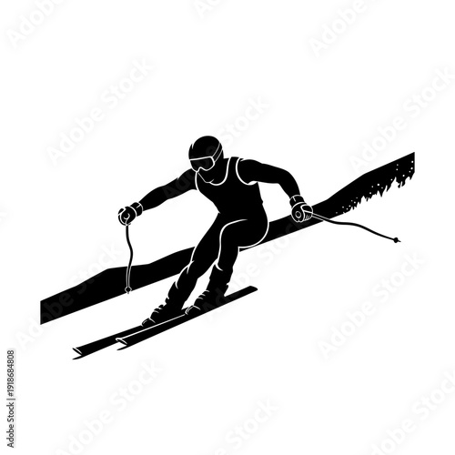 Black and White Alpine Skiing Athlete Silhouette Vector on White Background