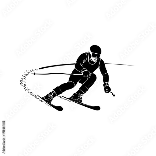 Black and White Alpine Skiing Athlete Silhouette Vector on White Background