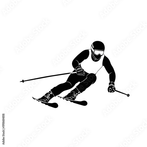 Black and White Alpine Skiing Athlete Silhouette Vector on White Background