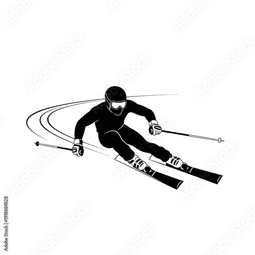 Black and White Alpine Skiing Athlete Silhouette Vector on White Background