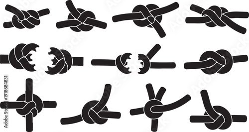 Various knots and rope tying techniques illustration set