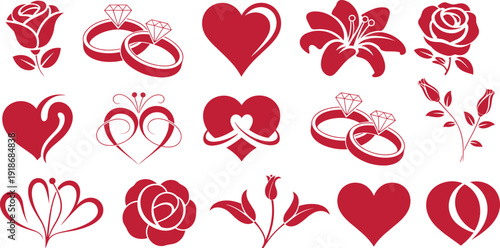 Romantic red hearts and roses icons set, wedding rings and floral love symbols for Valentine design