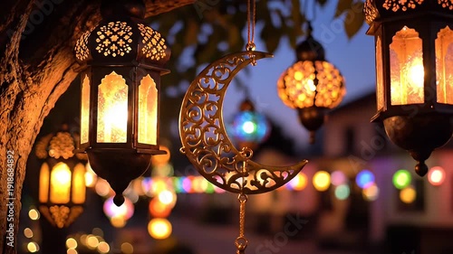 Decorative Ramadan Lanterns and Crescent Moon Hanging Outdoors at Dusk