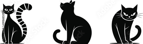 Black cat silhouettes set illustration, cute and mysterious feline icons isolated on white background for Halloween design