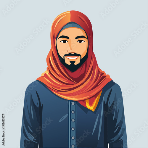 Illustration of a man wearing a red hijab and blue shirt.