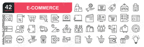 Set of line icons related to customer, shopping, retail store, online shop, cart, delivery, payment, truck. Outline icons collection. Editable stroke. Vector illustration