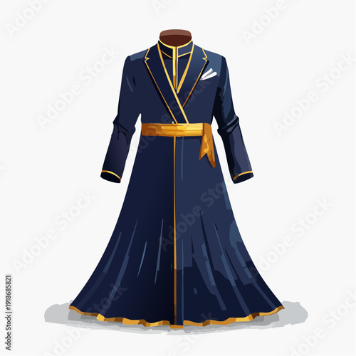 Navy blue traditional formal dress with gold trim and sash on mannequin.