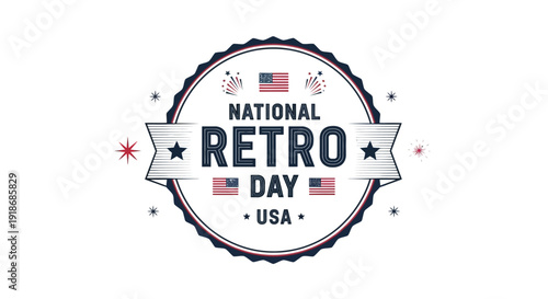 Vector illustration of a National Retro Day USA badge with a classic, old-school design, featuring a white background, nostalgic elements, and a timeless style, evoking a sense of throwback
