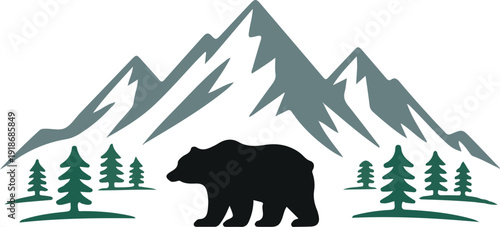 Bear silhouette with mountains and trees