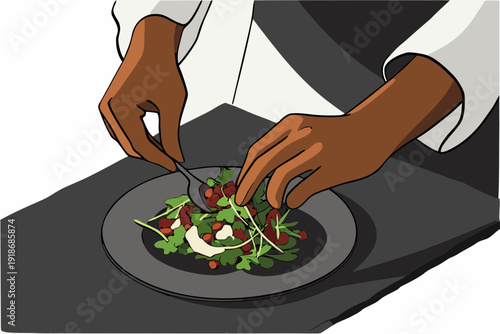 Chef's Hands Meticulously Arranging a Vibrant Salad Dish