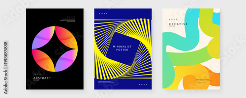 A collection of three abstract posters featuring a colorful segmented circle on black, a yellow geometric spiral on blue, and fluid organic curves on white