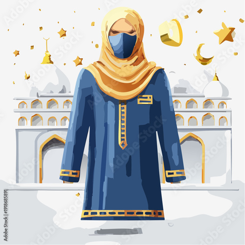 Muslim woman wearing hijab and abaya standing in front of a mosque during Ramadan.