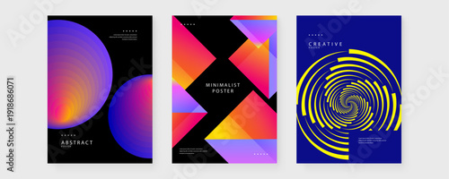 A professional set of three creative posters showcasing glowing concentric spheres, vibrant gradient diamonds, and a dynamic yellow dashed vortex pattern
