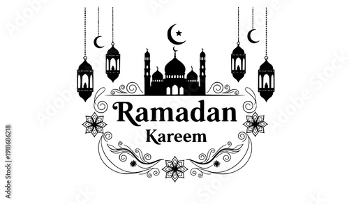 Elegant Ramadan Kareem Calligraphy with Mosque Silhouette and Hanging Lanterns Black and White Vector Illustration