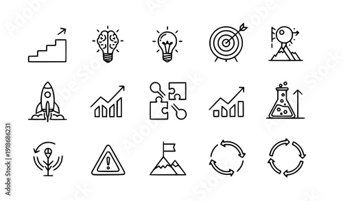 Innovation and Personal Growth Icon Set featuring step by step progress, creative thinking, risk and experiment symbols. Modern, minimal vector icons ideal for coaching, startups, product design, lear