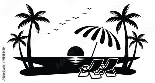Silhouette illustration of a tropical beach depicting a relaxing sunset for summer vacation