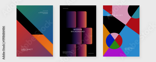 Collection of three versatile posters including diagonal splits rounded vertical bars and a colorful mosaic of shapes