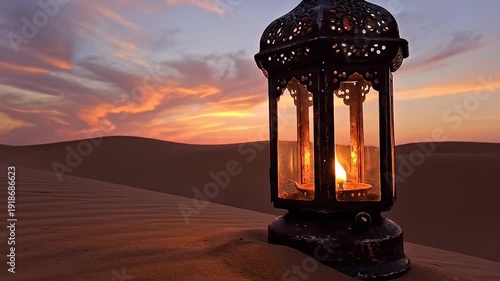 Desert Sunset Scene with Lantern Illuminating Sand Dunes