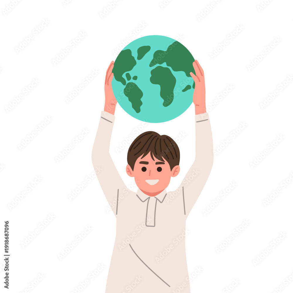 Fototapeta premium Flat vector of people and children holding and hugging planet Earth. Ideal for educational materials, green campaigns, NGO promotions, sustainability projects, social media, poster, environment brand
