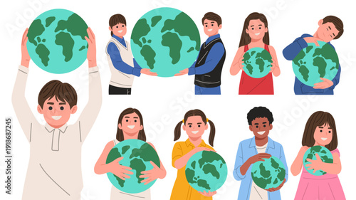 Flat vector set of diverse men, women, and children holding and hugging planet Earth. Ideal for educational materials, green campaigns, NGO promotions, sustainability projects, social media, poster