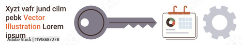 Security systems, planning strategies, workflow management, key solutions, time management, business concepts. A key, calendar and gear various functional and planning . Security systems