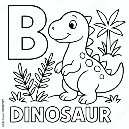 Adorable cartoon dinosaur illustration alongside the capital letter b for coloring practice activities