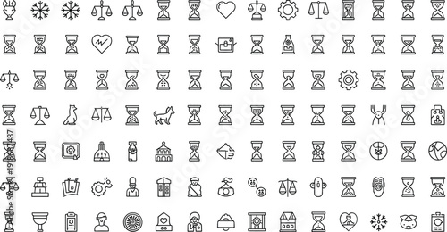 Hourglass and Time Management Icon Mega Set Featuring Countdown, Deadline, Schedule, Productivity, Legal Balance and Business Line Vector Symbols