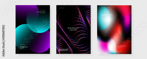 A professional collection of three vertical posters featuring futuristic fluid shapes and vibrant neon light effects on a dark background