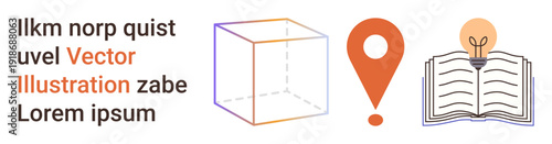 Education, geography, innovation, creative thinking, spatial visualization, knowledge. Geometric cube, location pin open book with lightbulb. Education and innovation concept