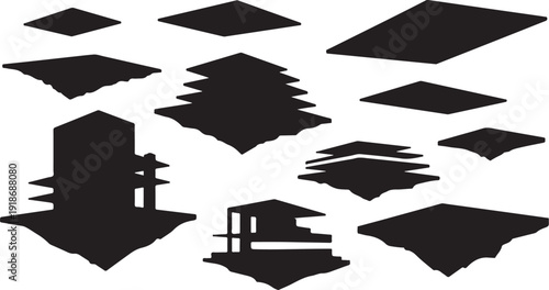 Geometric shapes and abstract black floating objects illustration