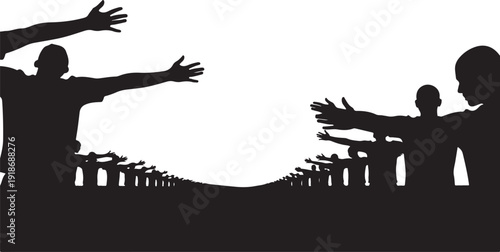 Silhouette of people reaching out in a crowd together