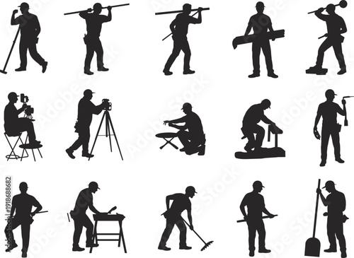 Construction worker silhouettes set, laborer men carrying tools, builder working poses, industrial jobs collection, black isolated illustration