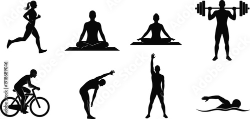 Black silhouettes of people exercising and practicing yoga and swimming and weightlifting