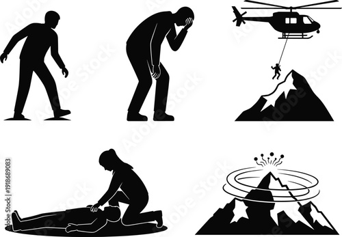 Black silhouettes of people in various emergency situations rescue helicopter mountain