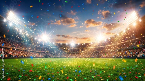 A vibrant football stadium illuminated by powerful spotlights and showering with colorful confetti, celebrating a grand victory or major sporting event at sunset.