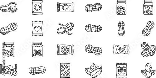Peanut and Nut Snack Icon Set Featuring Peanut Butter Jar, Roasted Peanuts, Snack Packets and Healthy Protein Food Line Vector Collection